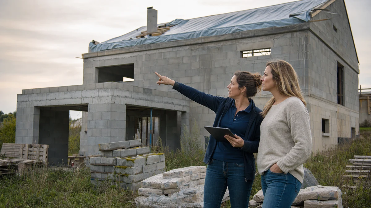 Une experte bâtiment désigne le gros œuvre inachevé d'une maison à l'abandon tandis que la propriétaire examine les désordres à ses côtés