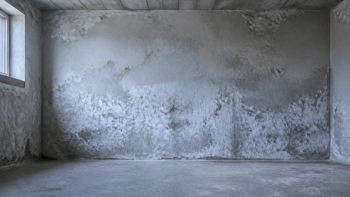 Sous-sol vide d'une maison ancienne : mur en béton enduit marqué par des efflorescences blanches et un enduit désagrégé en pied de mur, signe d'humidité ascensionnelle