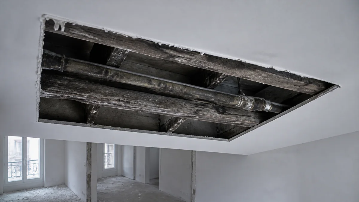 Plafond ouvert dans un logement rénové laissant apparaître des canalisations anciennes et une trace d'humidité au-dessus d'un faux plafond neuf