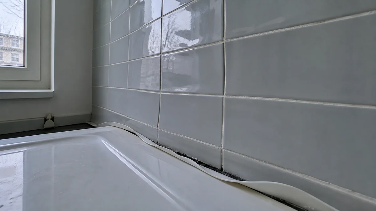 Salle de bains récemment rénovée avec un joint de douche décollé et un carrelage qui se descelle au pied de la paroi