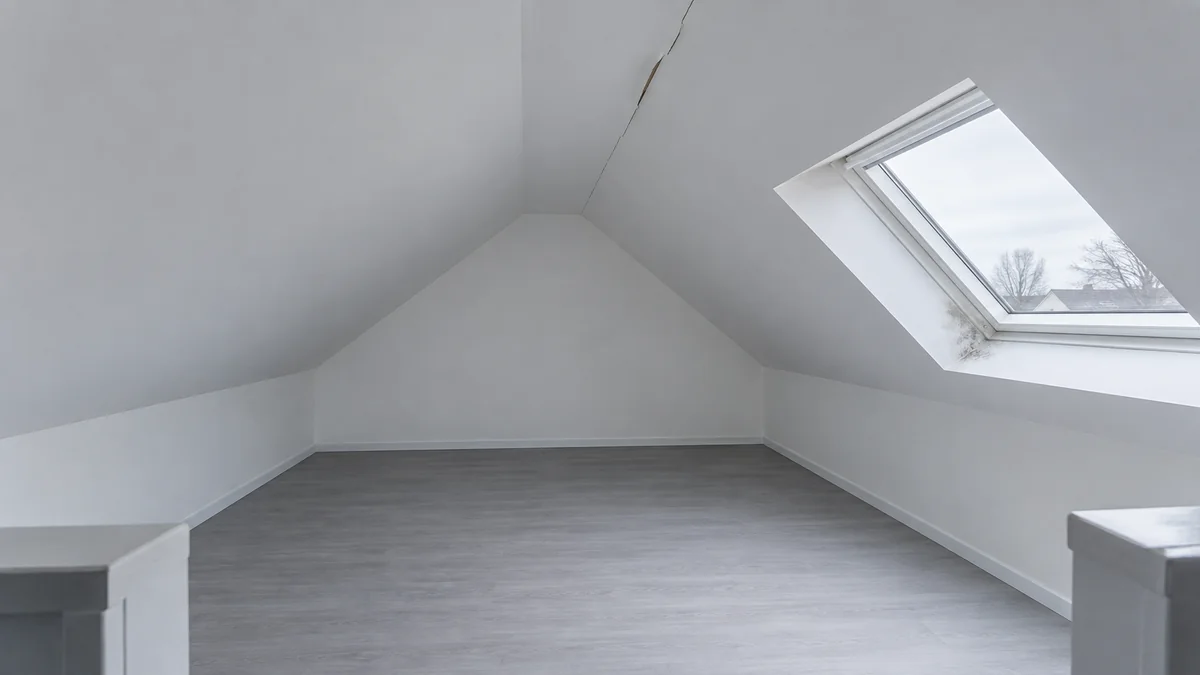 Combles aménagés en chambre aux murs et rampants blancs, avec une fissure le long d'un joint de plaque en haut du rampant gauche, des moisissures dans l'angle bas de l'ébrasement de la fenêtre de toit, un sol gris et la trémie de l'escalier au premier plan