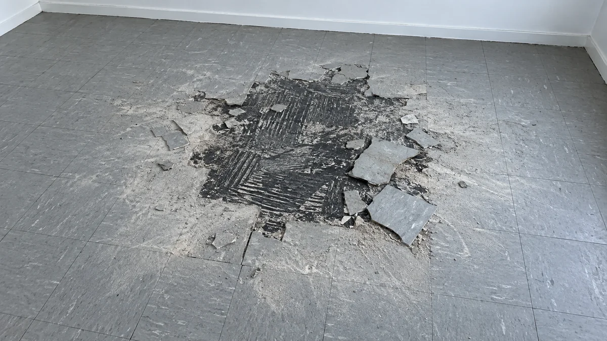 Sol d'une pièce en rénovation : dalles vinyle grises arrachées, colle noire à nu et poussière grise répandue sur le sol autour des débris
