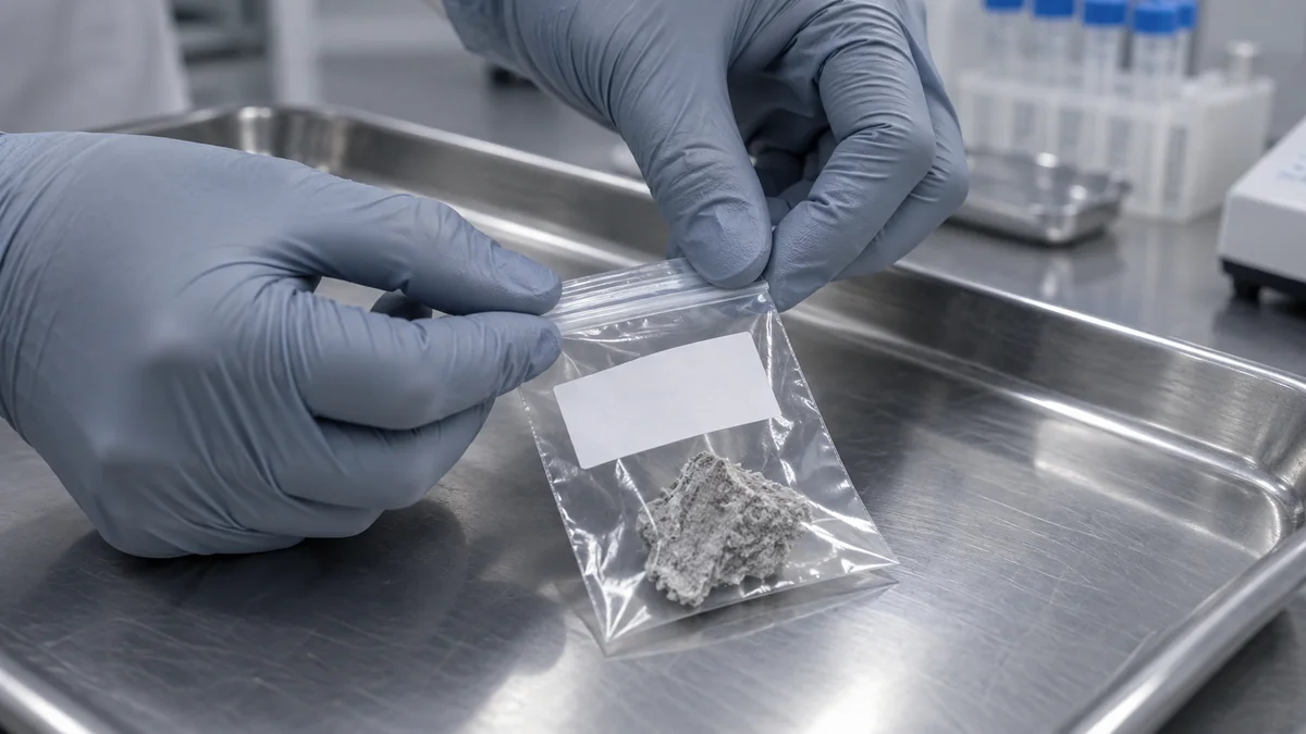 Mains gantées plaçant un fragment de matériau suspect dans un sachet de prélèvement transparent, pour analyse en laboratoire