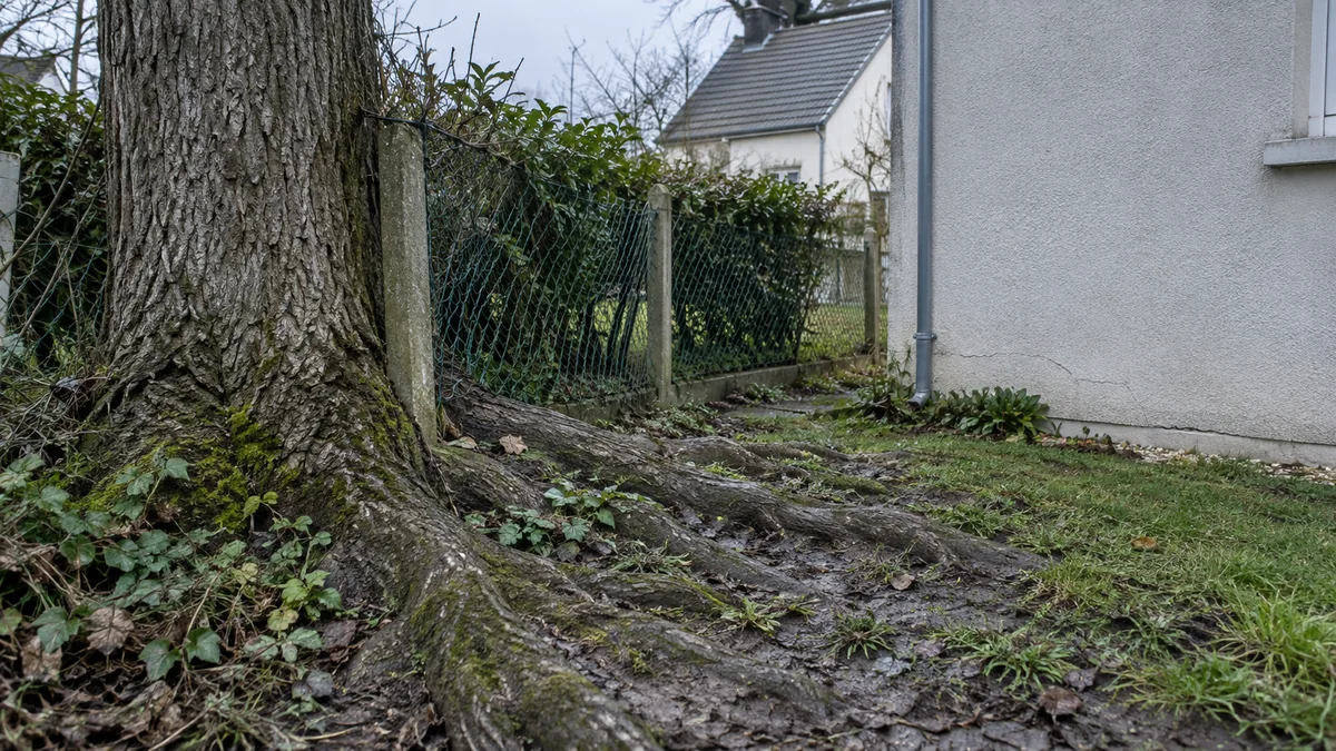 Tronc et racines affleurantes d'un grand arbre au ras d'une clôture mitoyenne, devant le pignon d'un pavillon