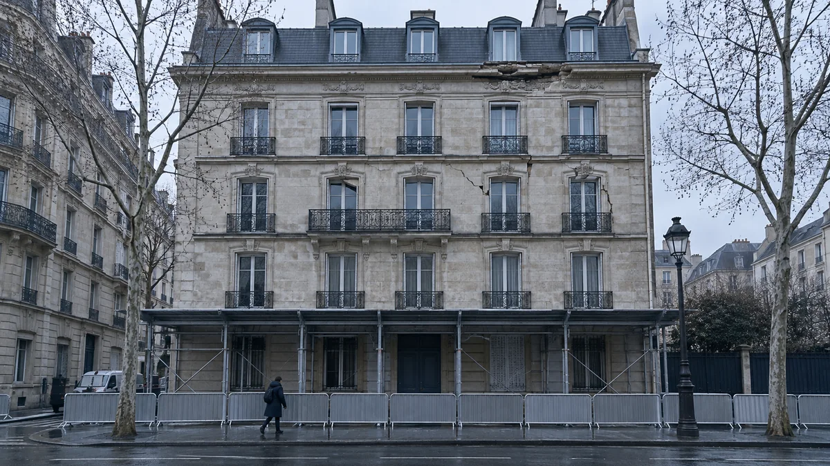 Immeuble parisien ceinturé de barrières de sécurité sur toute la longueur du trottoir