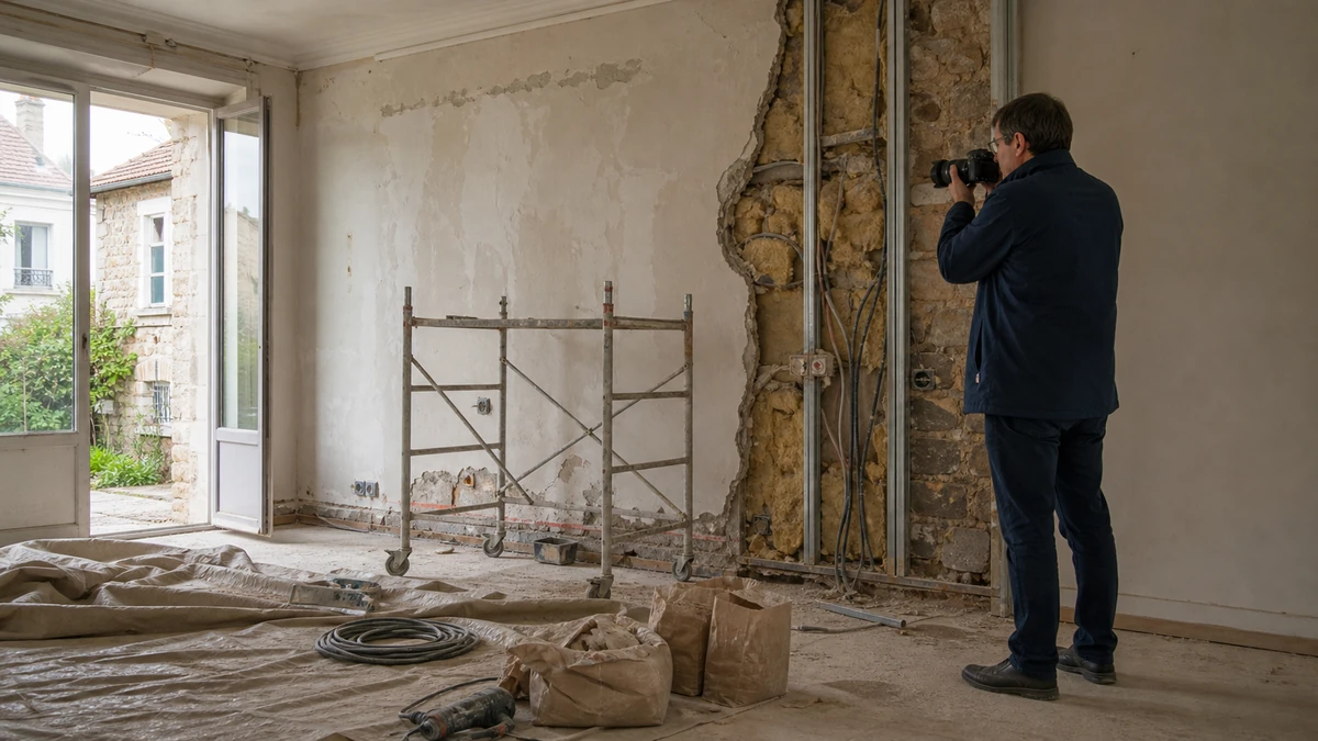 Un expert bâtiment photographie une pièce inachevée où bâches poussiéreuses, sacs et échafaudage inutilisé témoignent d'un chantier interrompu