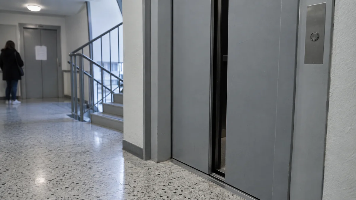 Ascenseur bloqué avec portes légèrement désalignées dans le hall d'un immeuble de copropriété français