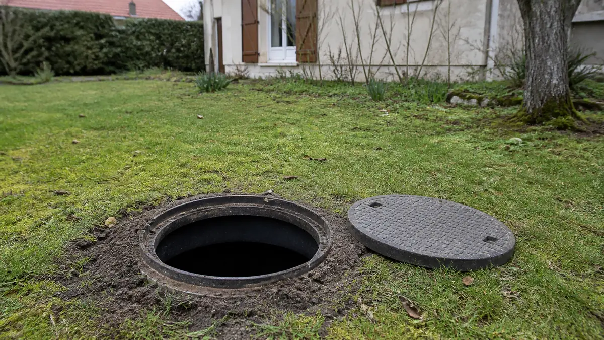 Regard de visite d'une fosse septique individuelle ouvert dans le jardin d'une maison ancienne en Île-de-France, lors d'un contrôle d'assainissement