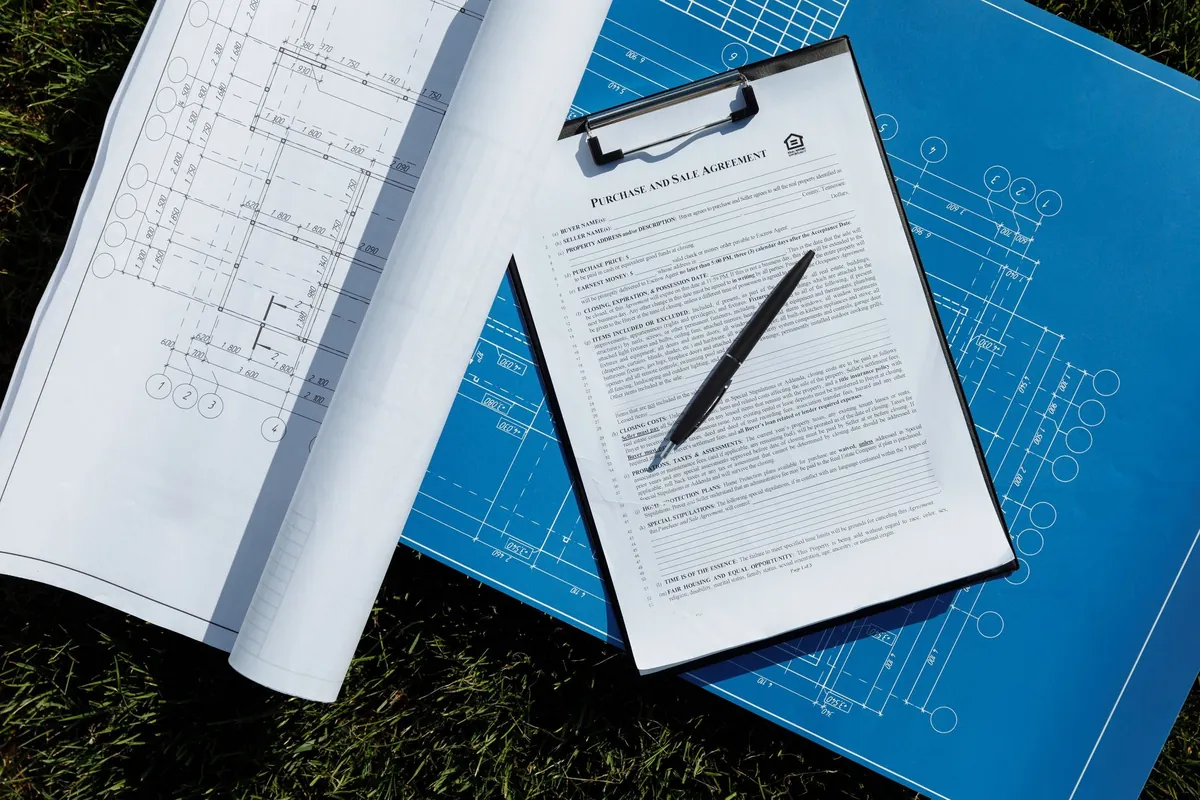 Plans d'architecte et contrat d'assurance dommage-ouvrage posés côte à côte avant signature