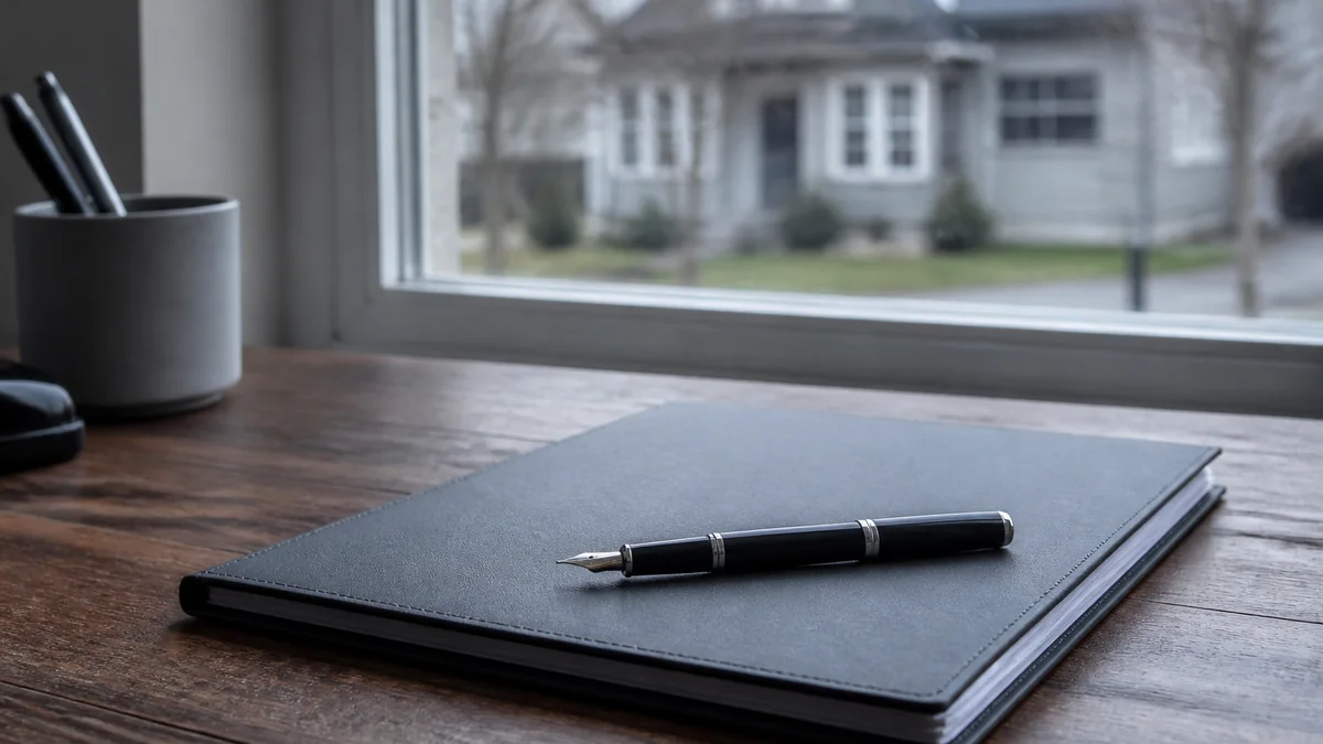Contrat d'assurance habitation posé sur une table avec un stylo, une maison visible en arrière-plan flou derrière une fenêtre