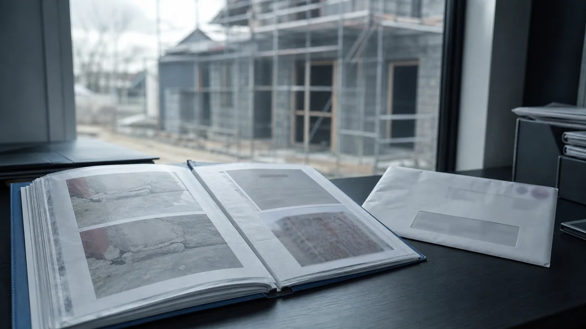 Dossier de sinistre avec une enveloppe de courrier recommandé posée sur des documents d'assurance décennale, sur un bureau de chantier