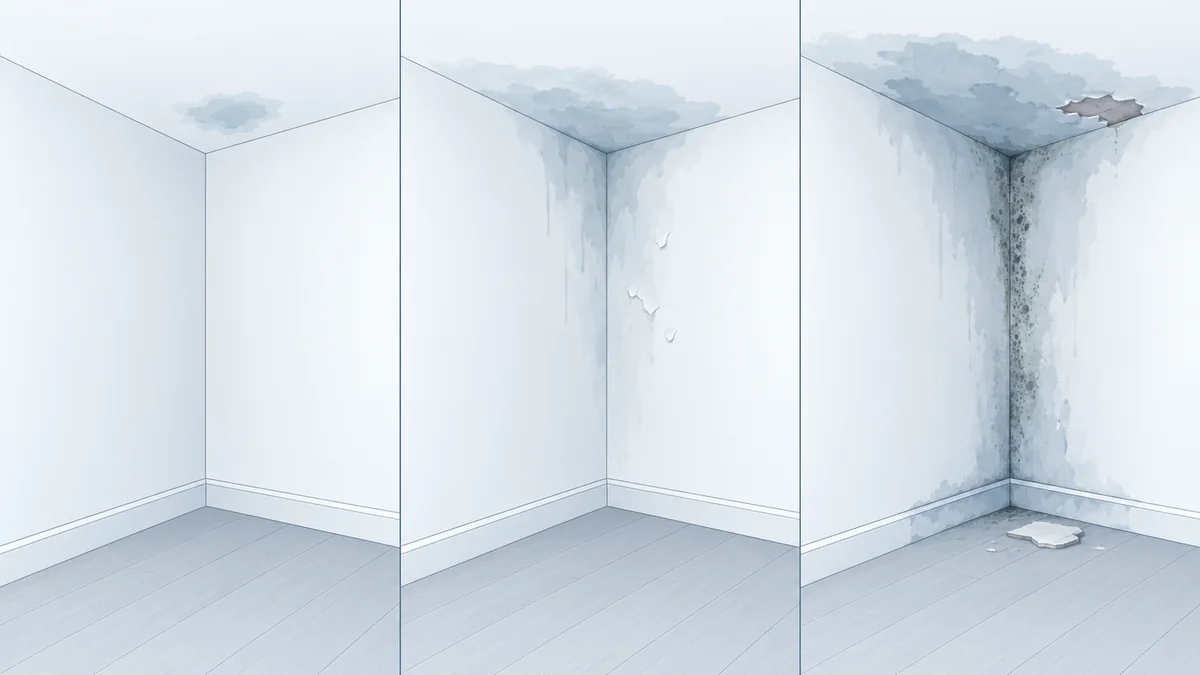 Illustration en trois temps d'un même angle de pièce : une petite tache au plafond, puis des coulures le long des murs, puis des moisissures noires dans l'angle et un morceau de plafond tombé au sol
