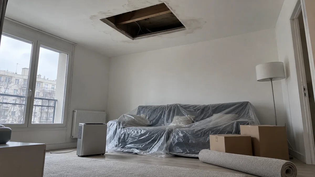 Séjour en attente de travaux après un sinistre : faux plafond découpé, canapé bâché sous plastique, déshumidificateur et cartons posés au sol