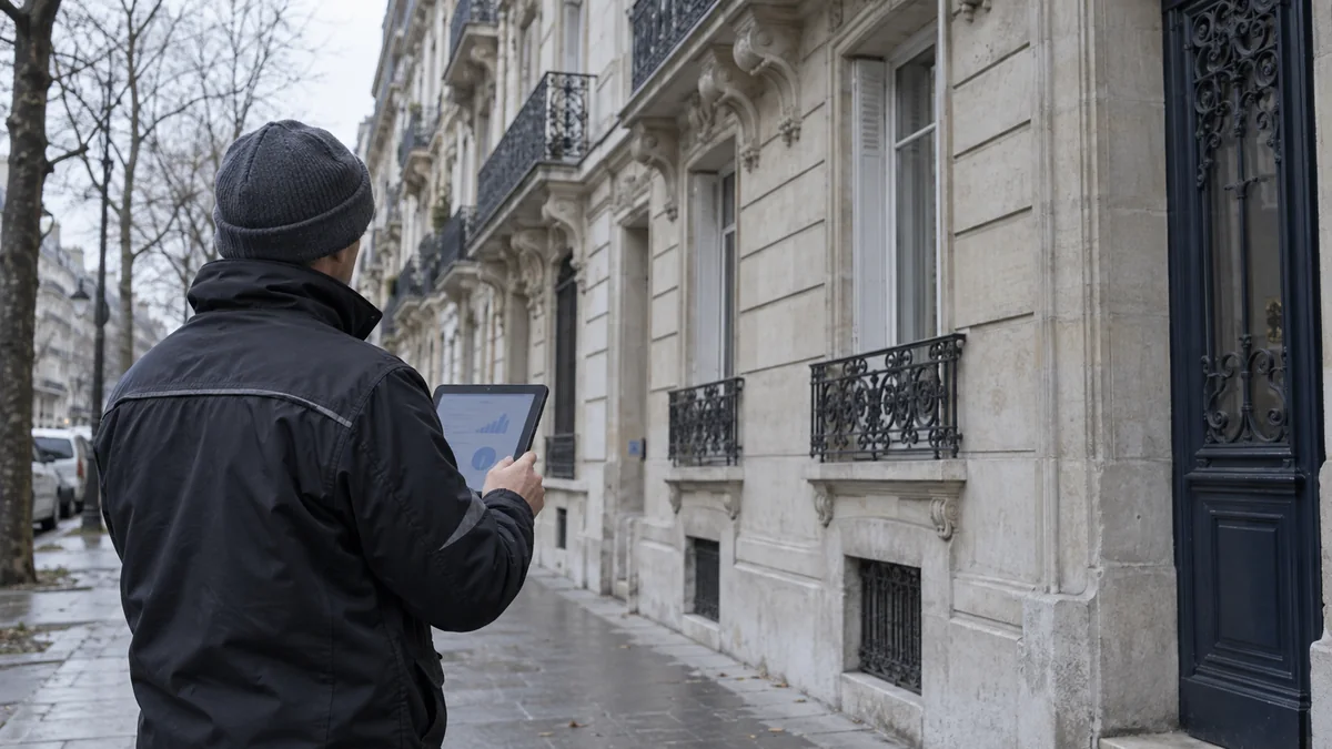 Technicien consultant une tablette devant la façade d'un immeuble ancien francilien, lors d'un audit de performance énergétique
