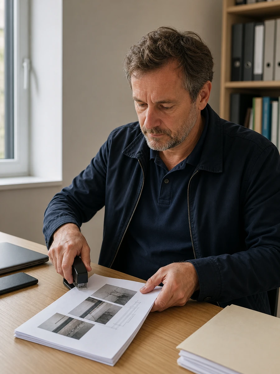 Expert en bâtiment et avocat échangeant sur un rapport technique de désordre, cabinet en Île-de-France