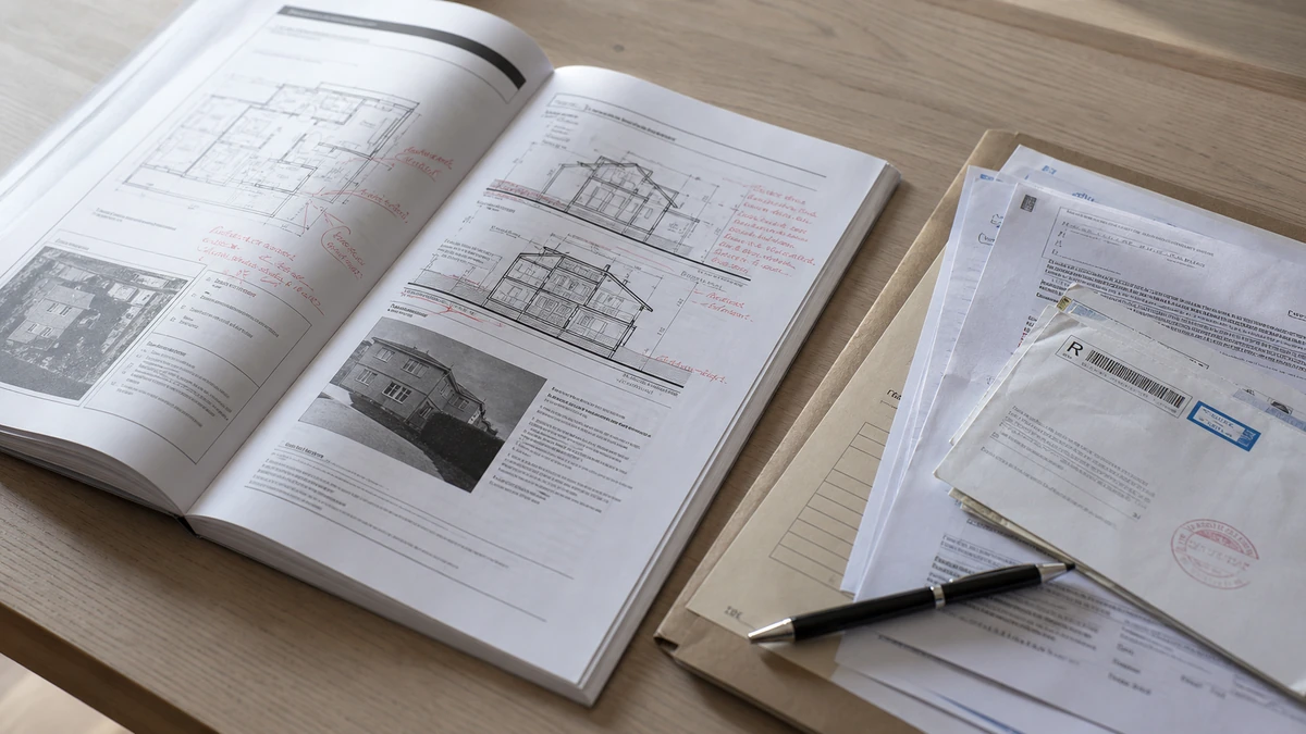 Dossier de contentieux immobilier : rapport d'expertise et courriers annotés posés sur un bureau