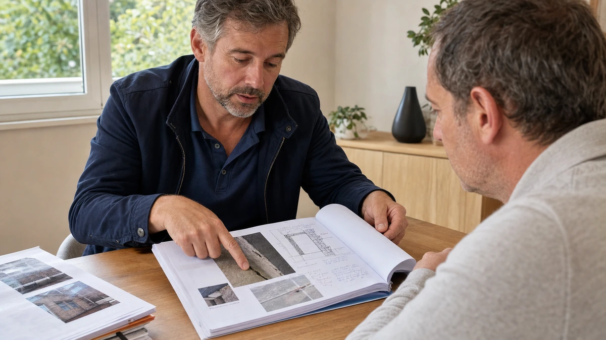Un expert bâtiment commente avec un particulier les photos et croquis d'un rapport technique sur un litige de construction
