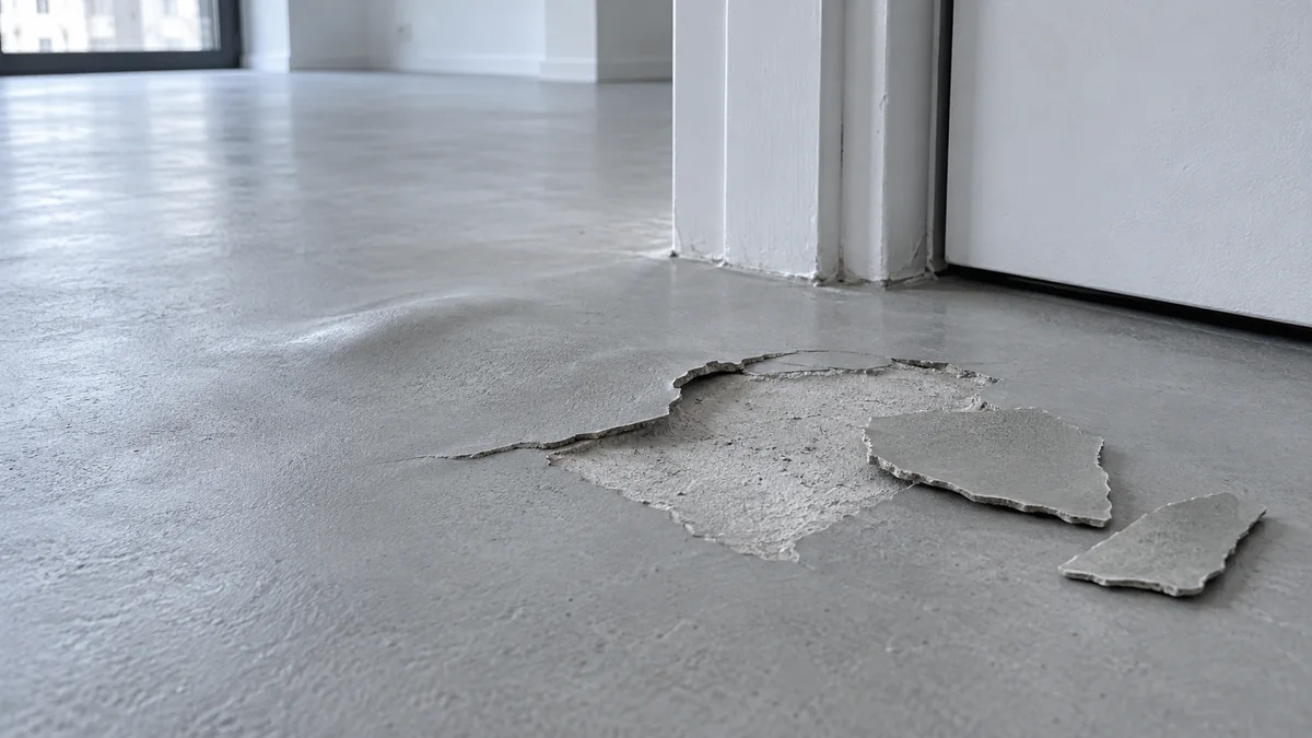 Revêtement de béton ciré gris clair décollé en plaques au seuil d'une porte blanche, avec une cloque et deux morceaux détachés posés sur le sol, laissant voir la chape en dessous