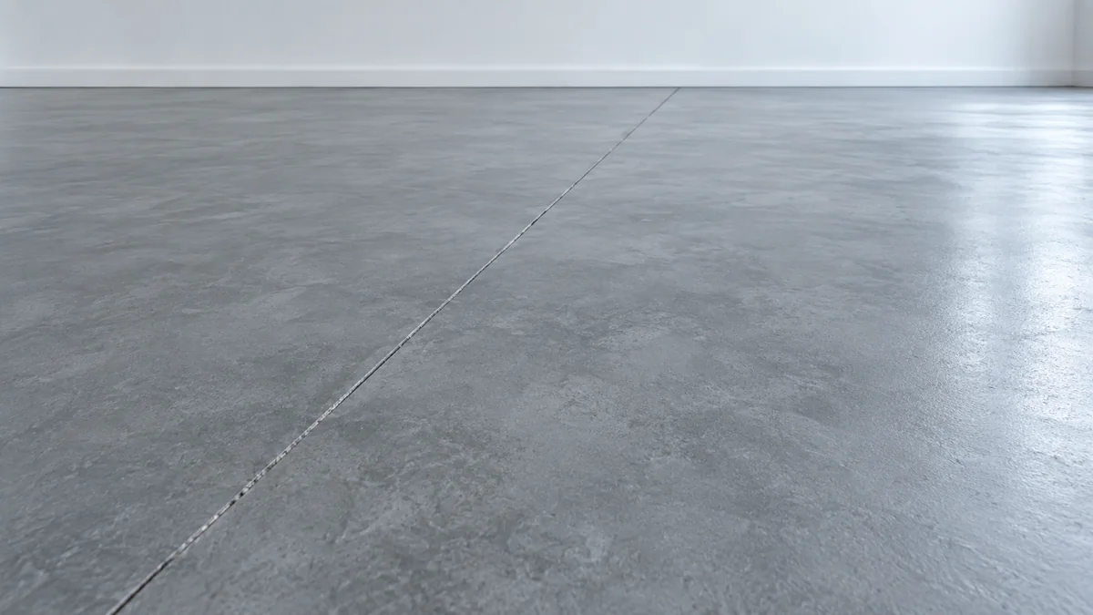 Sol en béton ciré gris dans une pièce vide, traversé en diagonale par une fissure fine et parfaitement rectiligne