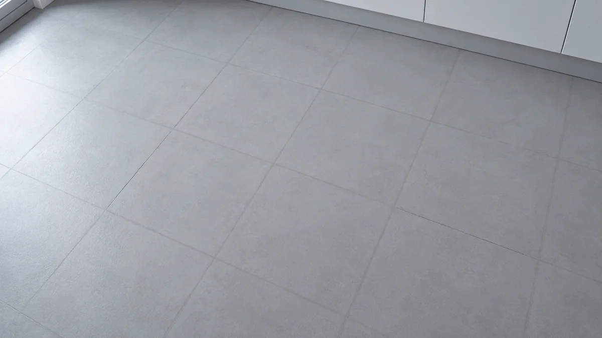 Sol de cuisine en microciment gris clair sur lequel on distingue un quadrillage régulier de fines lignes, le dessin des carreaux de l'ancien carrelage