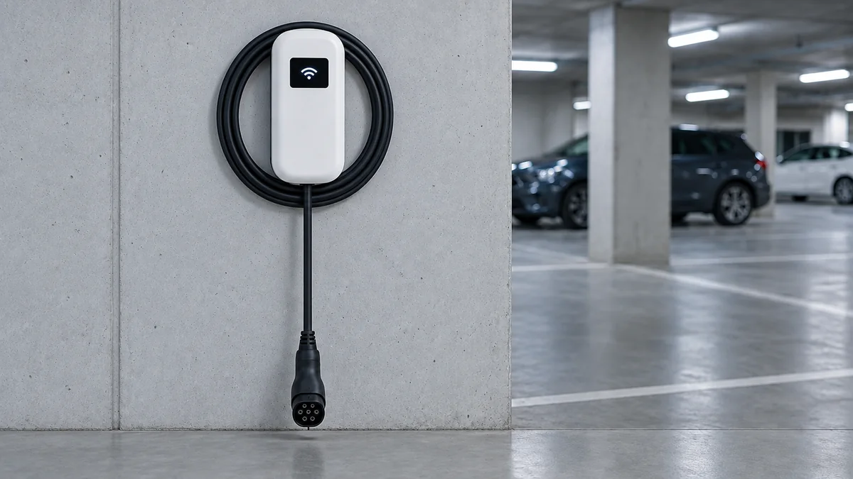 Technicien installant une borne de recharge électrique dans un parking souterrain de copropriété