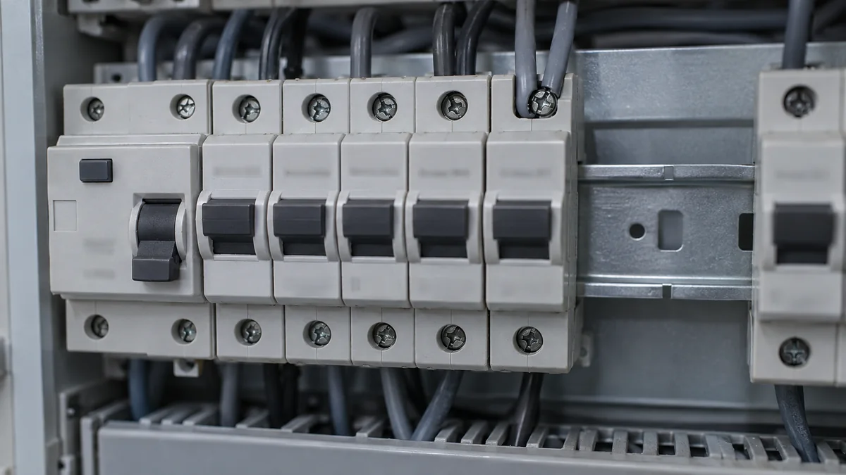Gros plan sur un tableau électrique ouvert, deux câbles raccordés sous la même borne de connexion d'un disjoncteur, sans protection différentielle dédiée