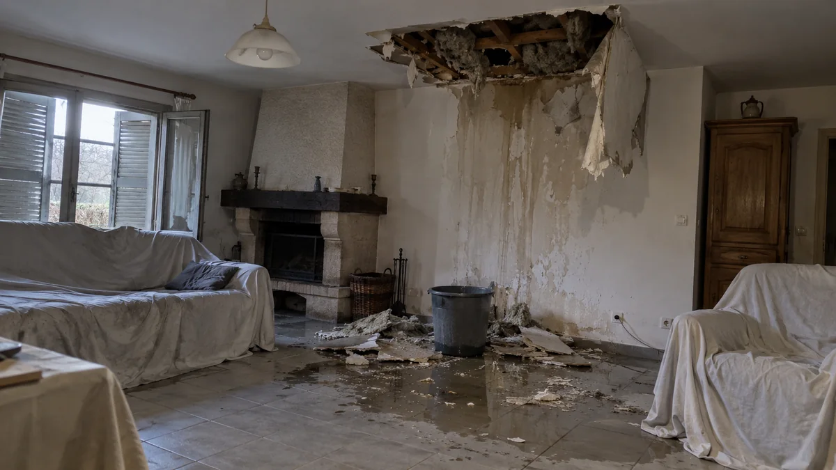 Salon d'une maison de campagne fermée pour l'hiver : le plafond en plaque de plâtre s'est effondré sur un mètre environ, des morceaux de plâtre et de laine de verre jonchent le carrelage mouillé sous un seau, les meubles sont encore couverts de draps de protection