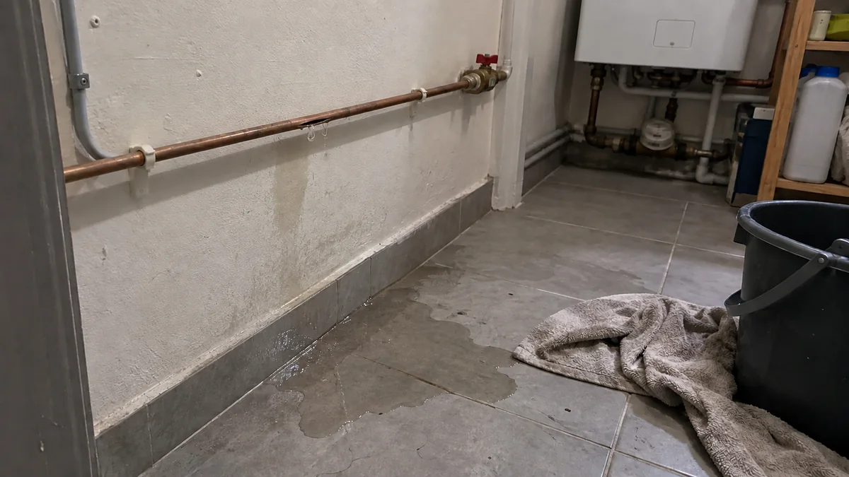 Tuyau d'eau en cuivre fendu sur quelques centimètres le long du mur d'une buanderie, une goutte qui perle sous la fente, une trace humide sur l'enduit et une flaque sur le carrelage à côté d'un seau et d'une serpillière
