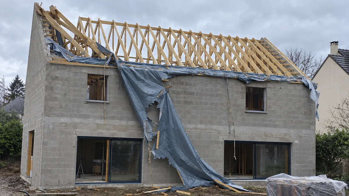 Maison en parpaings dont la charpente n'est pas encore couverte : la bâche de protection est déchirée et pend le long du mur, deux fermettes du pignon sont couchées sur les voisines, débris de liteaux sur le sol boueux
