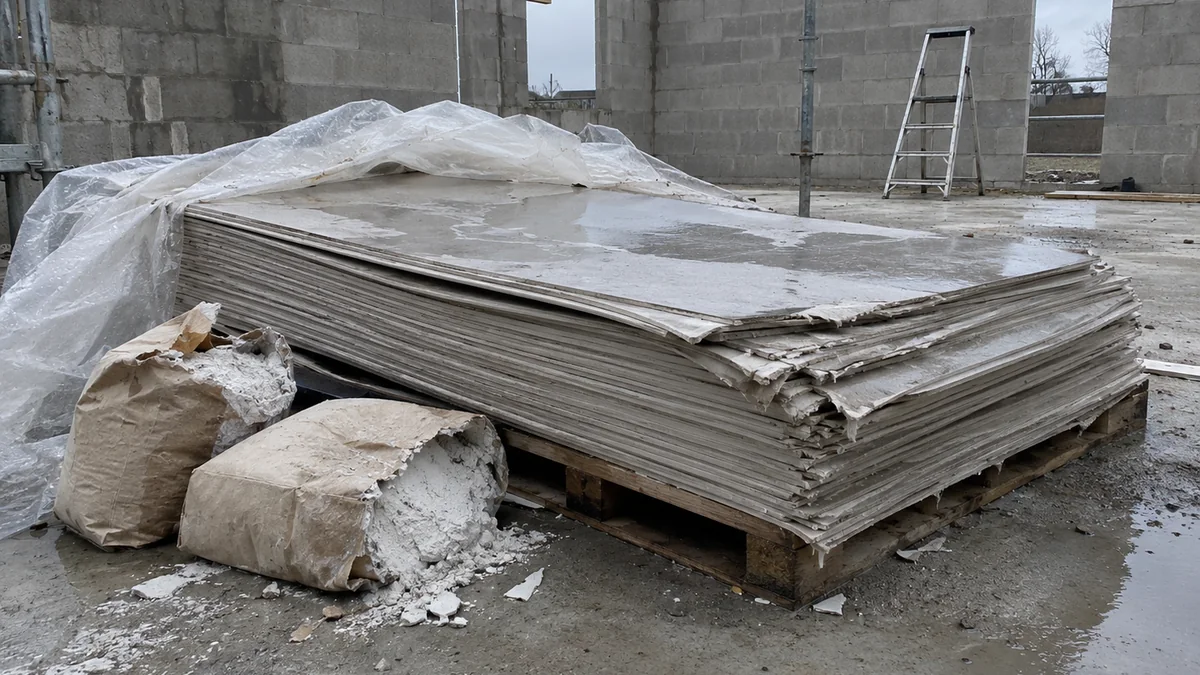 Pile de plaques de plâtre détrempées sur une palette dans une maison en construction sans toiture, feuilles du dessus gondolées et tachées, sacs de plâtre éventrés et flaques sur la dalle