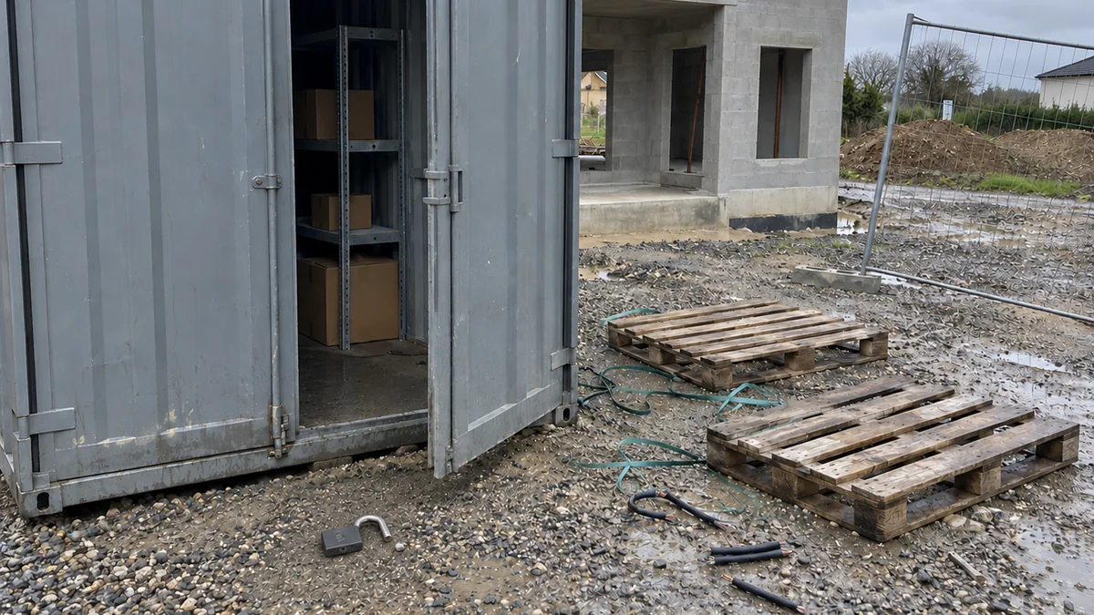 Conteneur de chantier gris à la porte entrouverte, cadenas scié posé sur le gravier, étagères presque vides à l'intérieur, deux palettes vides à côté et panneau de clôture déplacé devant une maison en parpaings