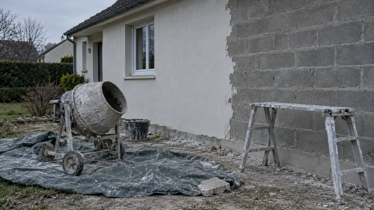 Façade de maison dont l'enduit s'arrête net à mi-longueur du mur, laissant le parpaing nu, bétonnière et bâche abandonnées devant