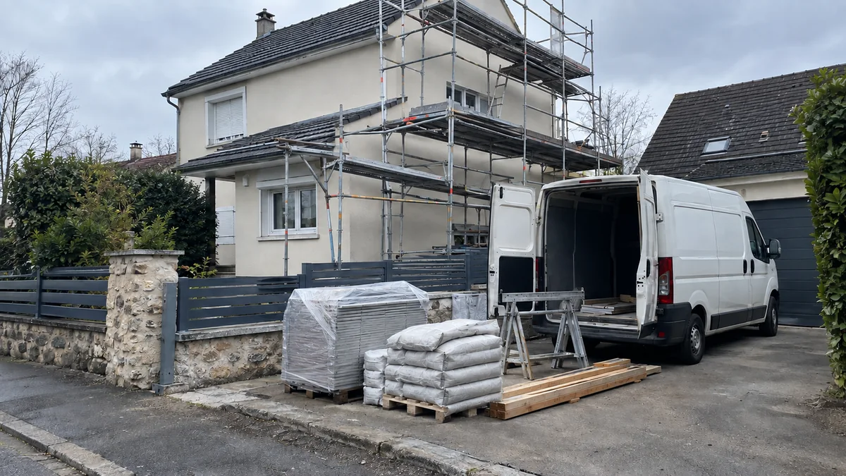Camionnette et matériel d'une entreprise sur un chantier de maison, sans lien visible avec le nom porté sur le devis