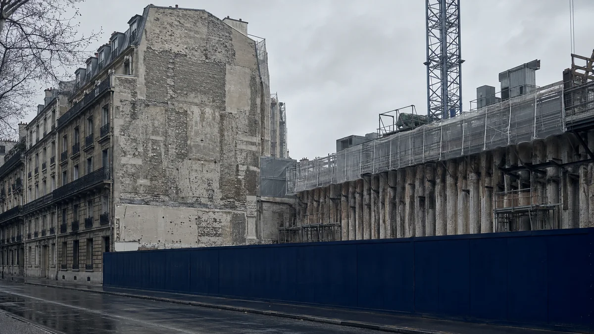 Fouille de chantier profonde soutenue par une paroi, le long d’un pignon mitoyen mis à nu en rue parisienne
