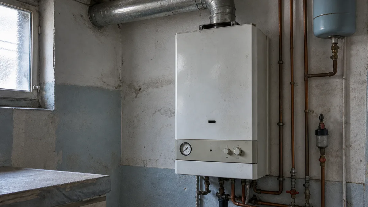 Chaudière murale à gaz dans un local technique, tuyauterie en cuivre et manomètre de pression visibles, aucune personne dans le cadre