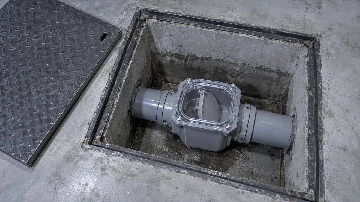 Regard ouvert dans la dalle d'un sous-sol, sa plaque en acier posée à côté, laissant voir une canalisation en PVC gris équipée d'un clapet anti-retour à couvercle transparent