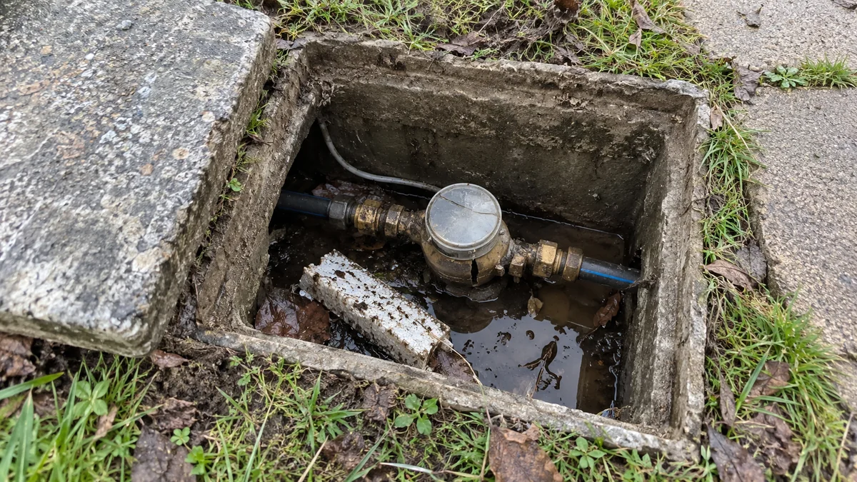 Regard de compteur d'eau ouvert au bord d'un jardin, le couvercle posé dans l'herbe : le cadran du compteur est fendu et embué, quelques centimètres d'eau boueuse au fond du regard et une plaque de polystyrène de protection tombée de travers