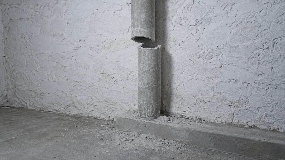 Conduit gris en fibrociment tronçonné au disque le long d'un mur, les deux extrémités décalées, avec de la poussière grise déposée sur le rebord en dessous