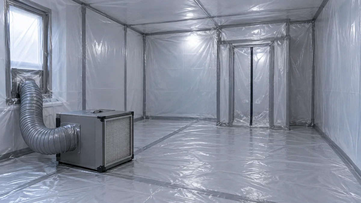 Pièce entièrement tapissée de film polyane transparent, avec un sas d'entrée à rideaux et un extracteur d'air gris relié par une gaine à la fenêtre
