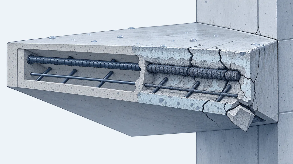 Illustration technique en écorché d'une dalle de balcon en béton armé scellée dans un mur : à gauche, un béton sain où les aciers restent bien protégés ; à droite, côté mur, le béton a pris une teinte bleutée jusqu'aux aciers, qui ont gonflé, fissuré la dalle et détaché un bloc de béton de l'angle inférieur, sous des gouttes d'eau posées sur le dessus
