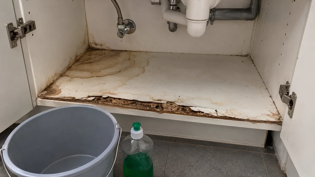 Meuble sous évier ouvert, portes blanches : le fond en panneau aggloméré est taché d'auréoles brunes, gonflé et effrité sur l'avant, un raccord de l'arrivée d'eau perle au-dessus, un seau gris et un flacon de liquide vaisselle sont posés au sol devant le meuble