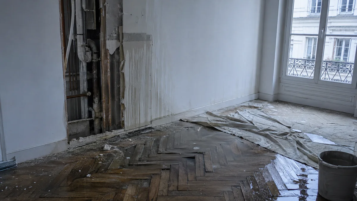 Appartement en rénovation, cloison ouverte et parquet gonflé par une fuite survenue pendant le chantier