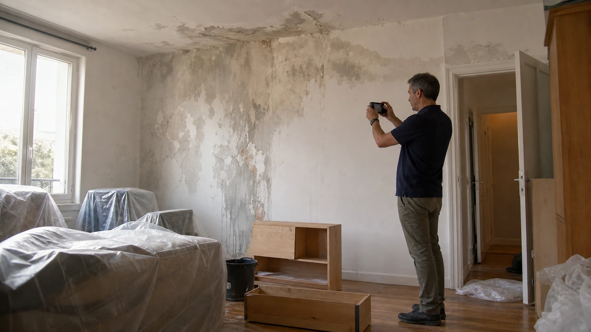 Expert d'assuré indépendant mesurant l'humidité d'un mur lors d'une contre-expertise assurance habitation, en présence du propriétaire