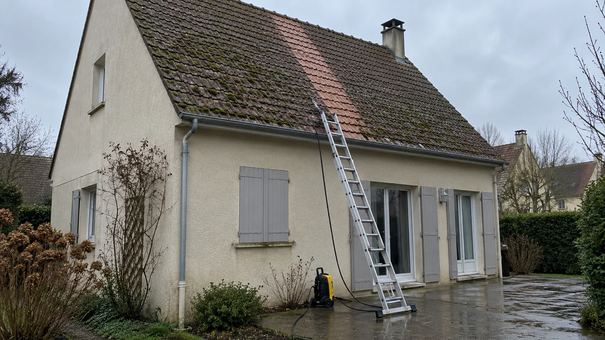 Pavillon au crépi clair sous un ciel gris : la toiture en tuiles est couverte de mousse sombre, une seule bande nettoyée descend de la gouttière au faîtage, une échelle est appuyée contre le toit et un nettoyeur haute pression jaune est posé sur la terrasse mouillée, aucune personne dans le cadre