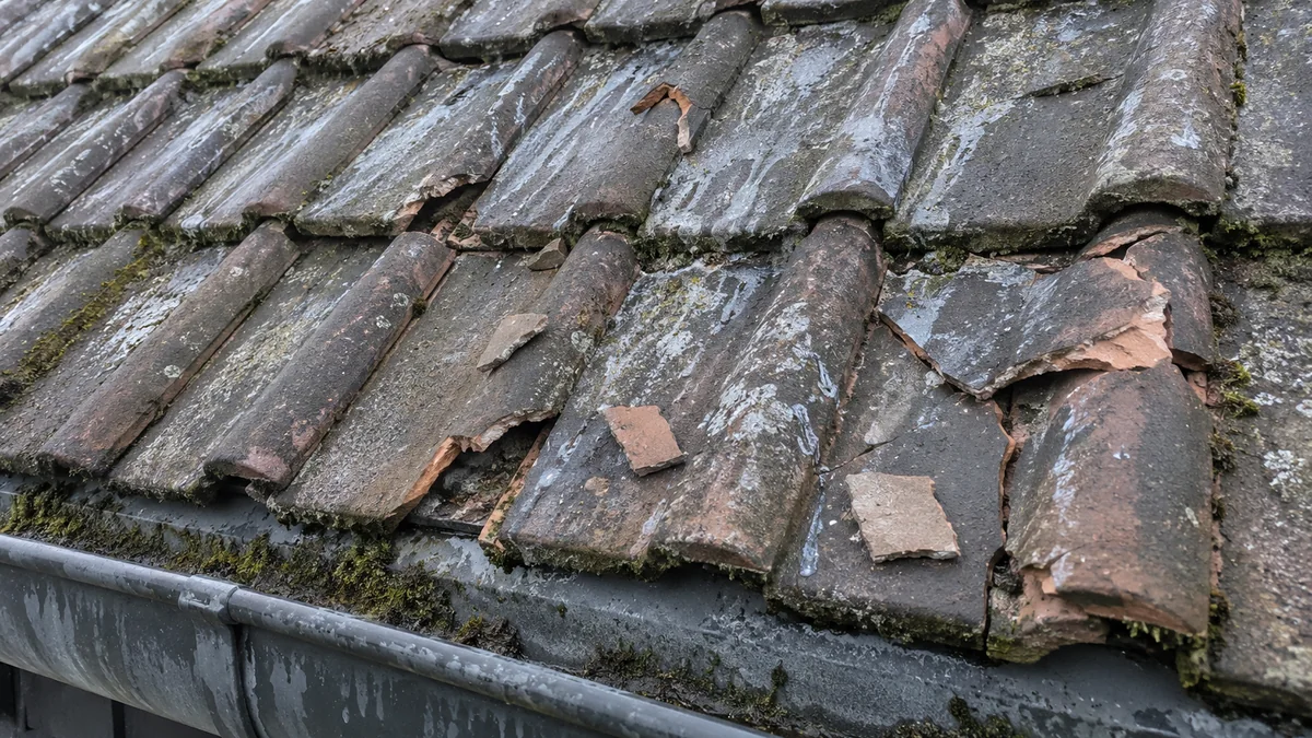 Gros plan sur une toiture en tuiles canal anciennes au-dessus d'une gouttière : plusieurs tuiles fendues ou brisées, des éclats posés sur les tuiles voisines, des coulures blanchâtres de produit hydrofuge et des restes de mousse dans les joints