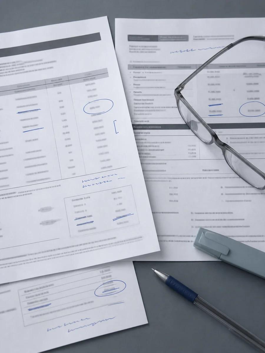 Deux devis d'expertise imprimés posés côte à côte sur un bureau, annotés au stylo et surlignés, avec une paire de lunettes de lecture posée dessus