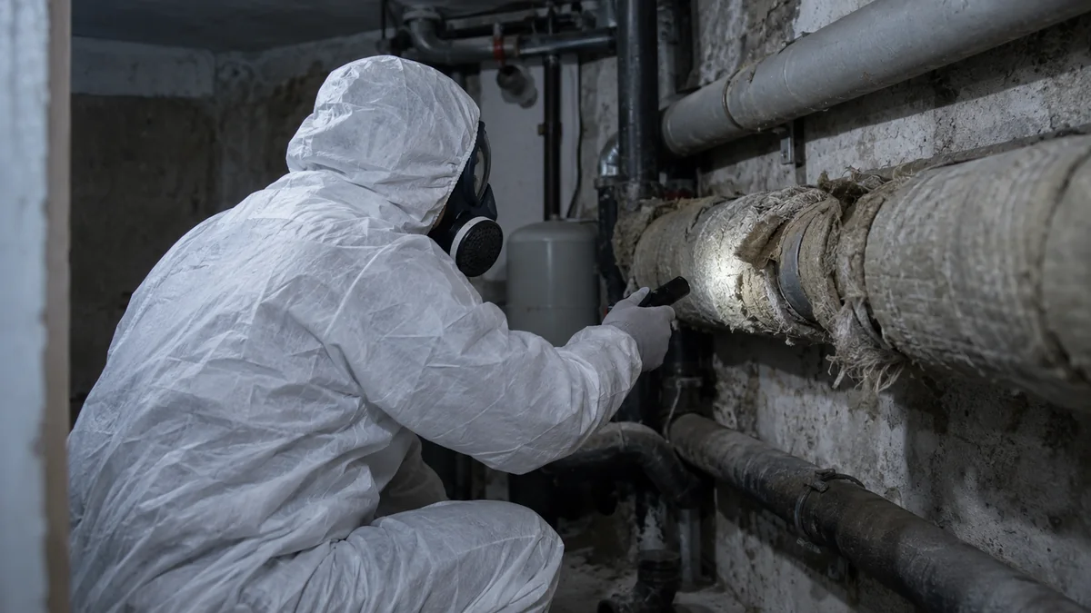 Technicien en combinaison de protection examinant d'anciens matériaux d'isolation autour d'une tuyauterie, dans un sous-sol faiblement éclairé