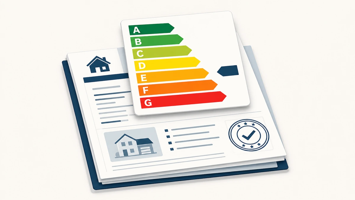 Illustration stylisée d'une étiquette de diagnostic de performance énergétique et d'un rapport de diagnostic immobilier