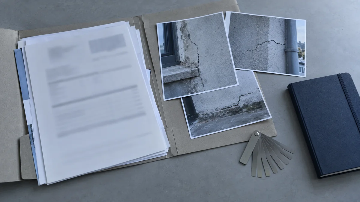 Classeur de chantier ouvert, tirages photographiques de fissures et fissuromètre disposés sur une table