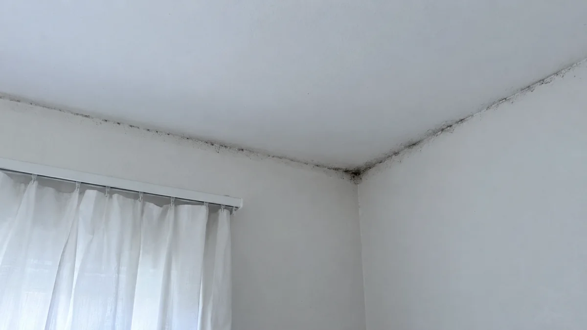 Angle supérieur d'une chambre : fine ligne de moisissures grises le long de la jonction entre le mur doublé et le plafond, plus foncée dans le coin